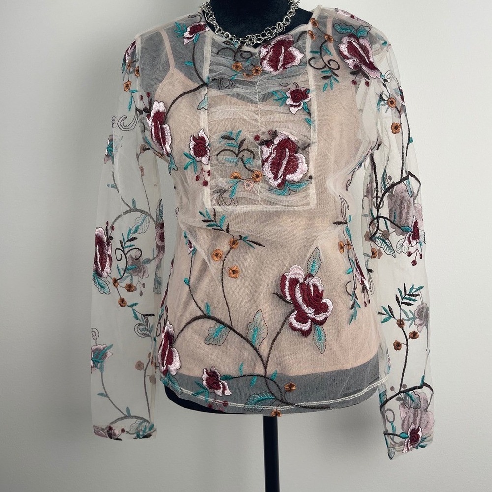 Endless Rose Floral Embroidered Sheer Mesh Top with Cami NWT Small Burgundy Tan